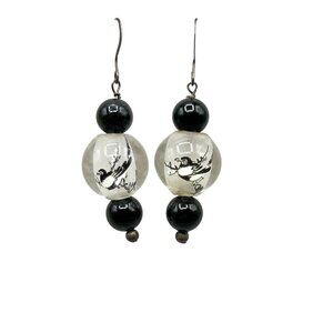 Reverse Painted Chinese Beads Dangle Earrings Black And White Birds Vintage